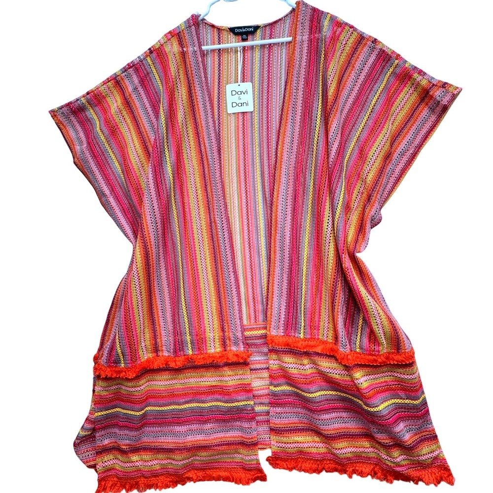 Davi & Dani Kimono Women 1XL Pink Multi Striped Fringe Boho Open Knit